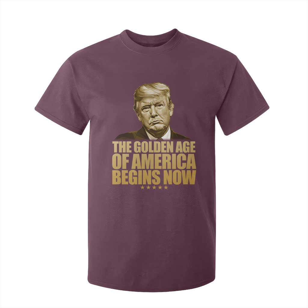Trump 2025 T Shirt For Kid Golden Age Of America Begins Now Inauguration Speech TS02 Maroon Print Your Wear