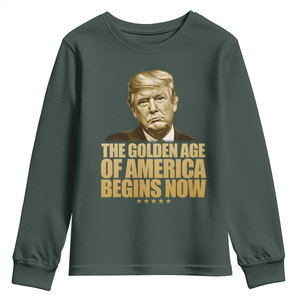 Trump 2025 Youth Sweatshirt Golden Age Of America Begins Now Inauguration Speech TS02 Dark Forest Green Print Your Wear
