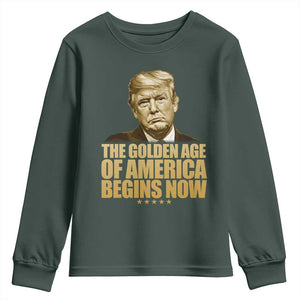 Trump 2025 Youth Sweatshirt Golden Age Of America Begins Now Inauguration Speech TS02 Dark Forest Green Print Your Wear