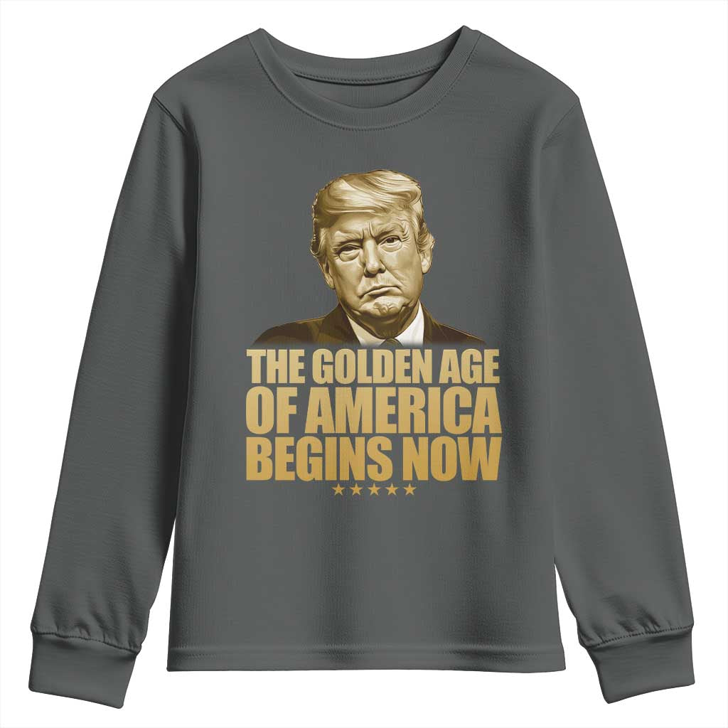Trump 2025 Youth Sweatshirt Golden Age Of America Begins Now Inauguration Speech TS02 Dark Heather Print Your Wear