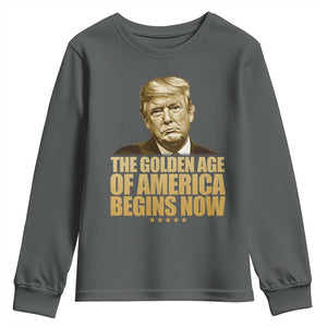 Trump 2025 Youth Sweatshirt Golden Age Of America Begins Now Inauguration Speech TS02 Dark Heather Print Your Wear