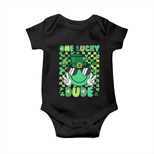 Retro St Patrick's Day Baby Onesie One Lucky Dude Green Checkered Heart Groovy TS02 Black Print Your Wear