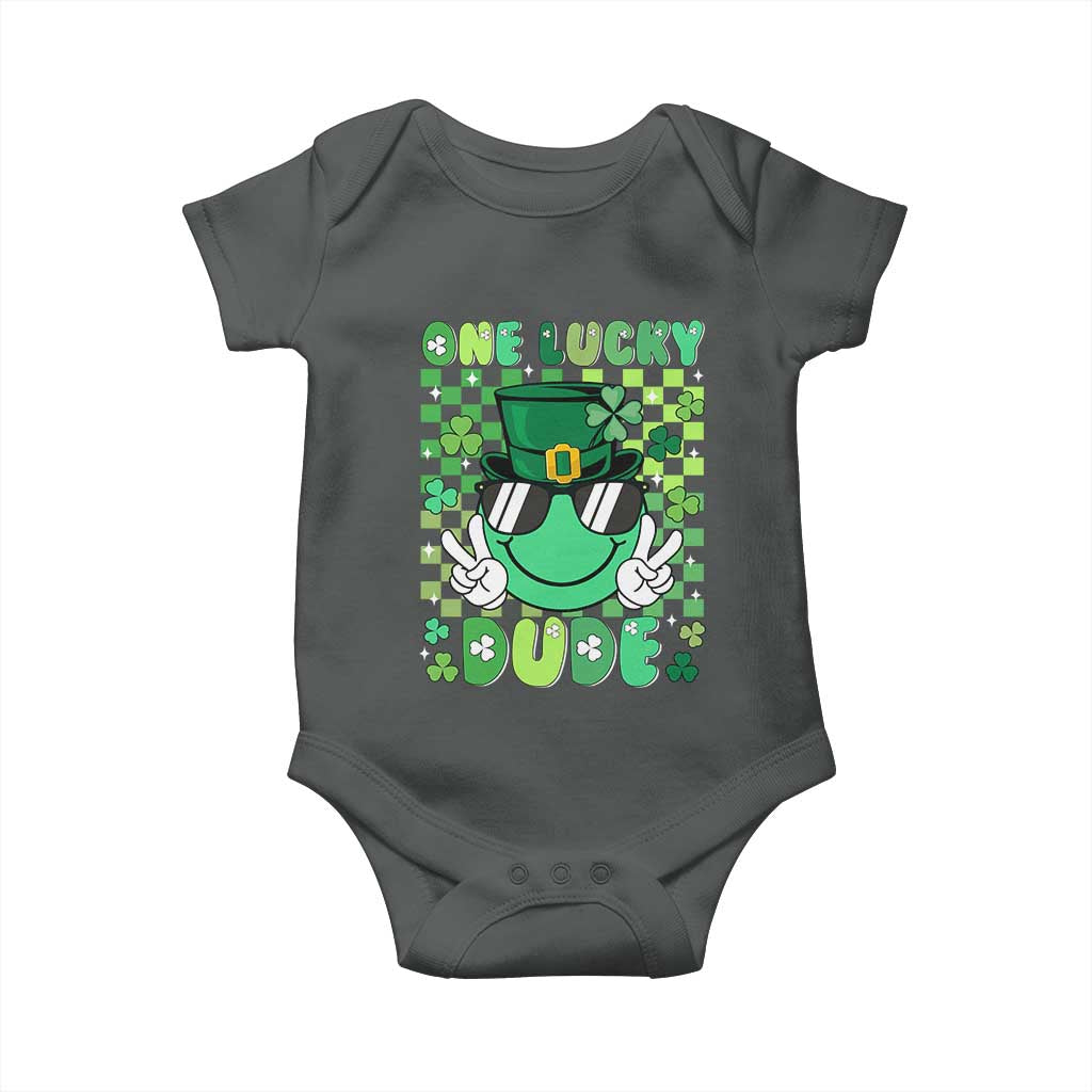 Retro St Patrick's Day Baby Onesie One Lucky Dude Green Checkered Heart Groovy TS02 Dark Heather Print Your Wear