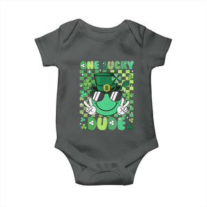 Retro St Patrick's Day Baby Onesie One Lucky Dude Green Checkered Heart Groovy TS02 Dark Heather Print Your Wear