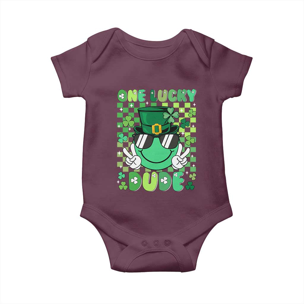 Retro St Patrick's Day Baby Onesie One Lucky Dude Green Checkered Heart Groovy TS02 Maroon Print Your Wear