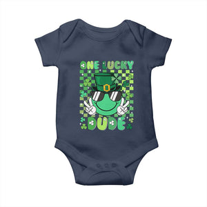 Retro St Patrick's Day Baby Onesie One Lucky Dude Green Checkered Heart Groovy TS02 Navy Print Your Wear