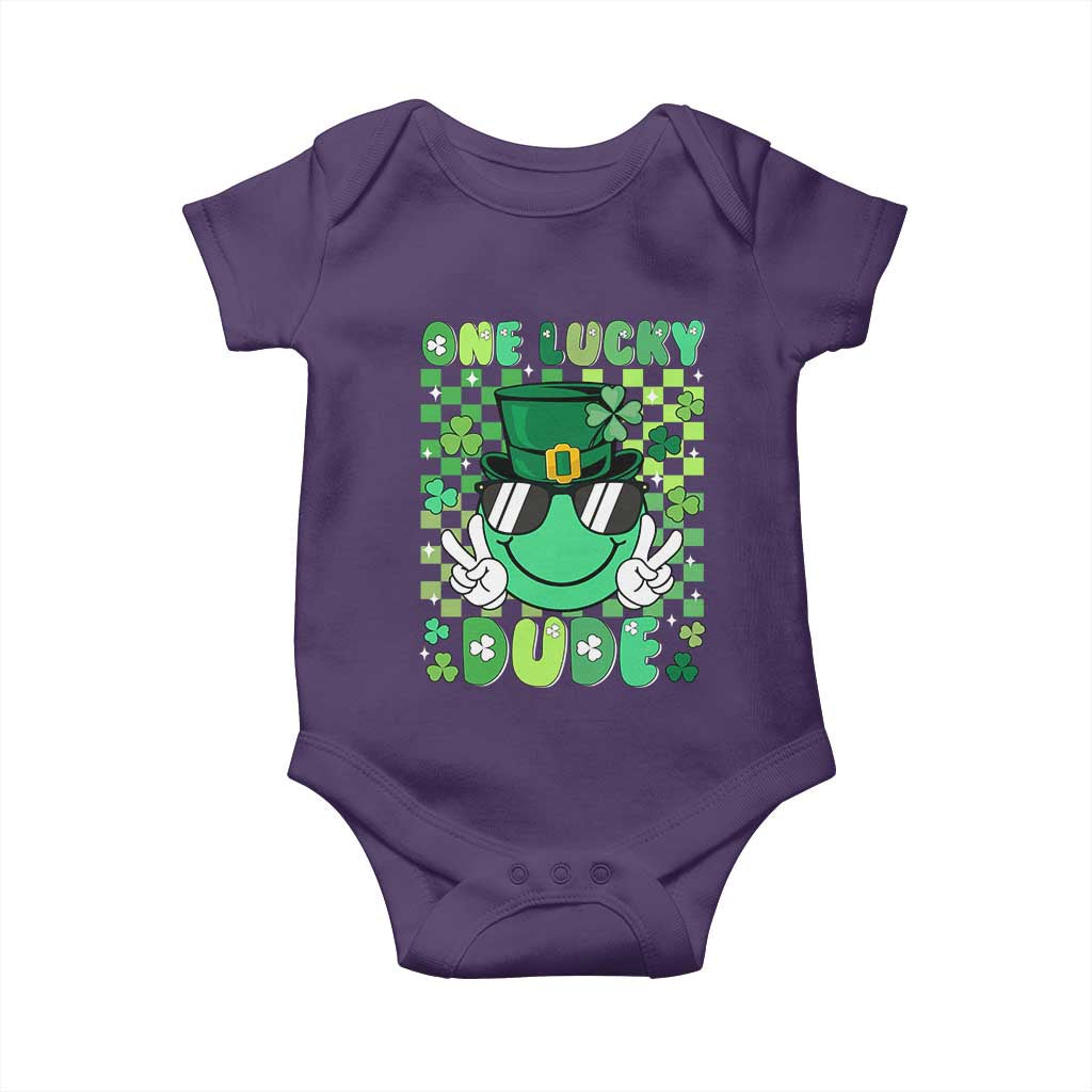Retro St Patrick's Day Baby Onesie One Lucky Dude Green Checkered Heart Groovy TS02 Purple Print Your Wear