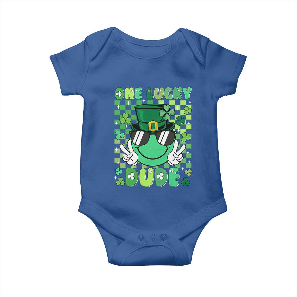 Retro St Patrick's Day Baby Onesie One Lucky Dude Green Checkered Heart Groovy TS02 Royal Blue Print Your Wear