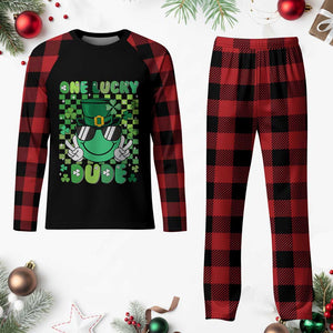 Retro St Patrick's Day Plaid Pajama Set One Lucky Dude Green Checkered Heart Groovy TS02 Buffalo Plaid Print Your Wear
