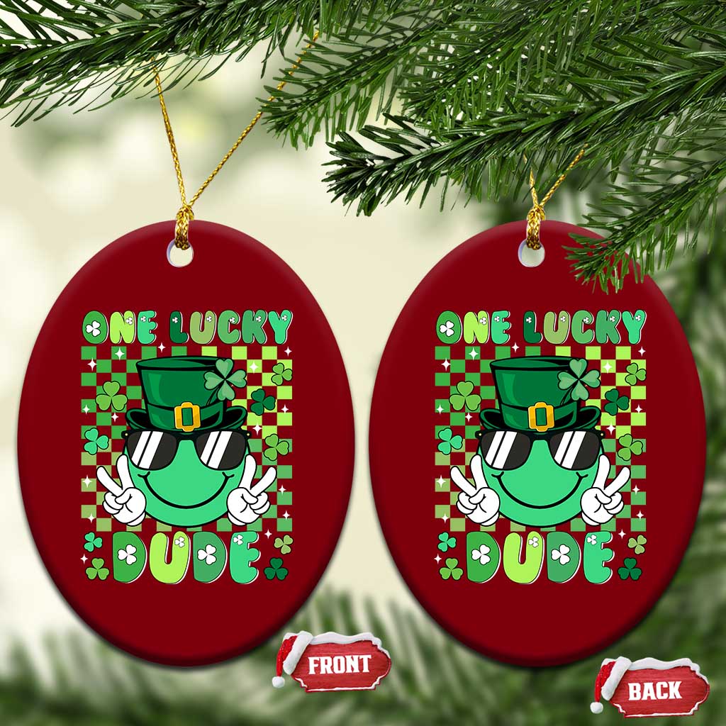 Retro St Patrick's Day Ceramic Ornament One Lucky Dude Green Checkered Heart Groovy TS02 Print Your Wear