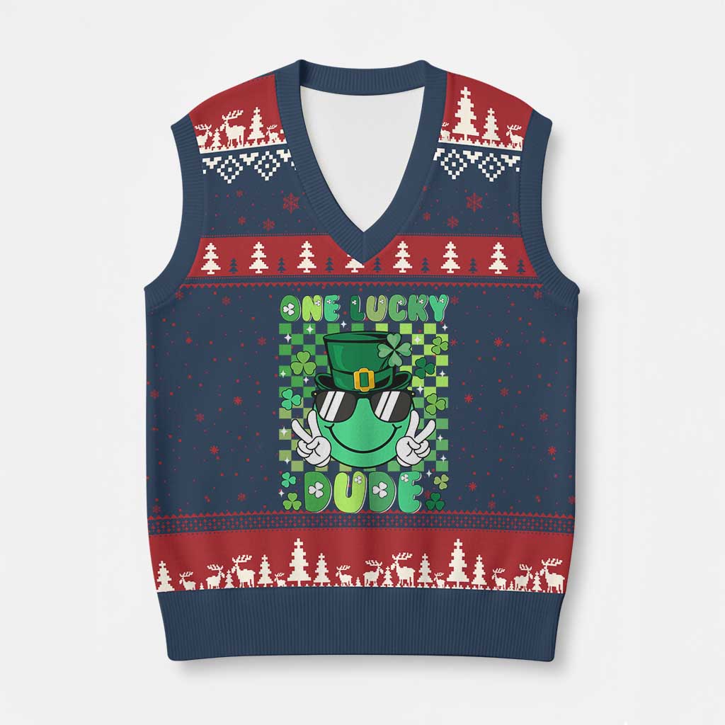 Retro St Patrick's Day V-Neck Knit Sweater Vest One Lucky Dude Green Checkered Heart Groovy TS02 Navy Red Print Your Wear
