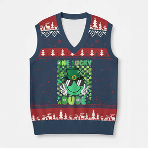 Retro St Patrick's Day V-Neck Knit Sweater Vest One Lucky Dude Green Checkered Heart Groovy TS02 Navy Red Print Your Wear