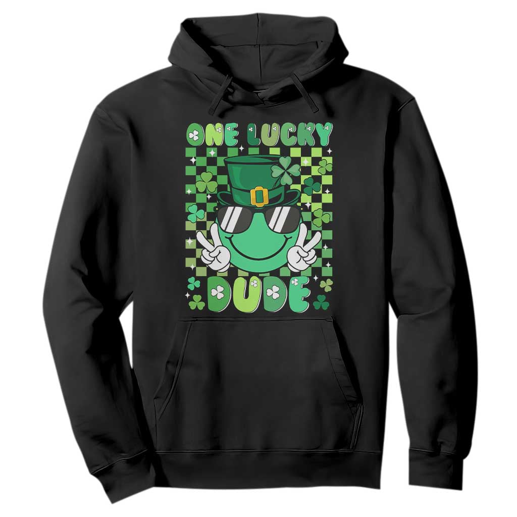 Retro St Patrick's Day Hoodie One Lucky Dude Green Checkered Heart Groovy TS02 Black Print Your Wear