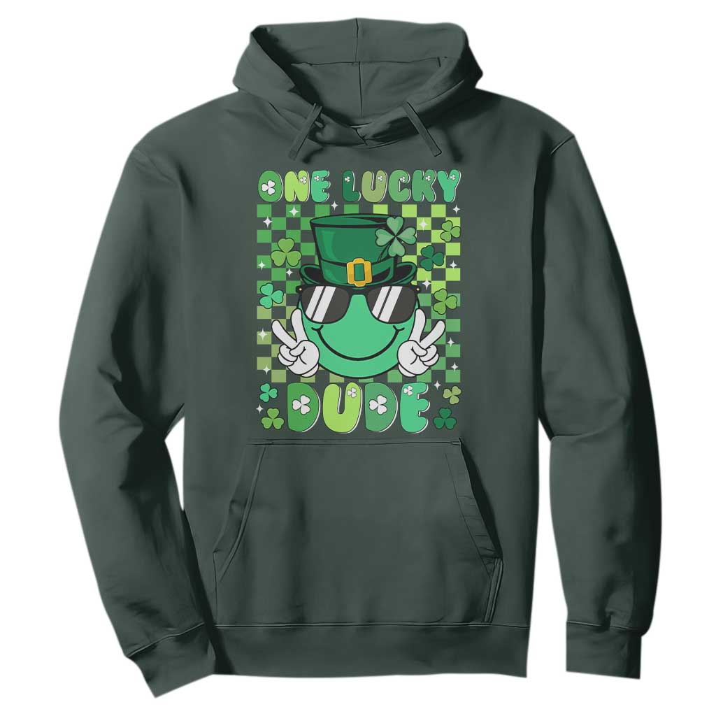 Retro St Patrick's Day Hoodie One Lucky Dude Green Checkered Heart Groovy TS02 Dark Forest Green Print Your Wear