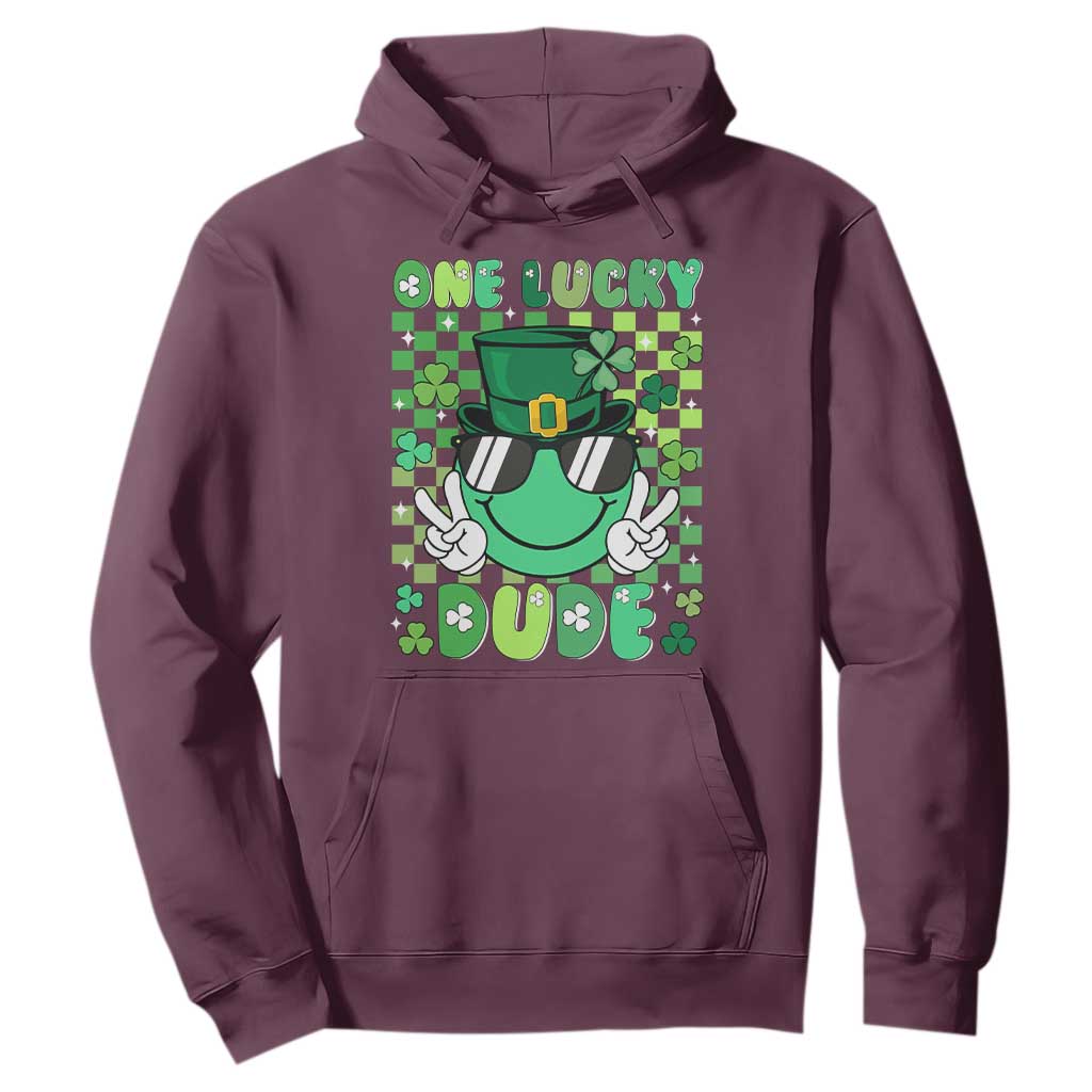 Retro St Patrick's Day Hoodie One Lucky Dude Green Checkered Heart Groovy TS02 Maroon Print Your Wear