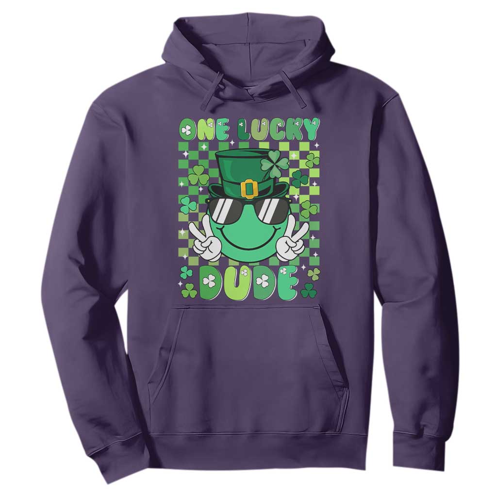 Retro St Patrick's Day Hoodie One Lucky Dude Green Checkered Heart Groovy TS02 Purple Print Your Wear