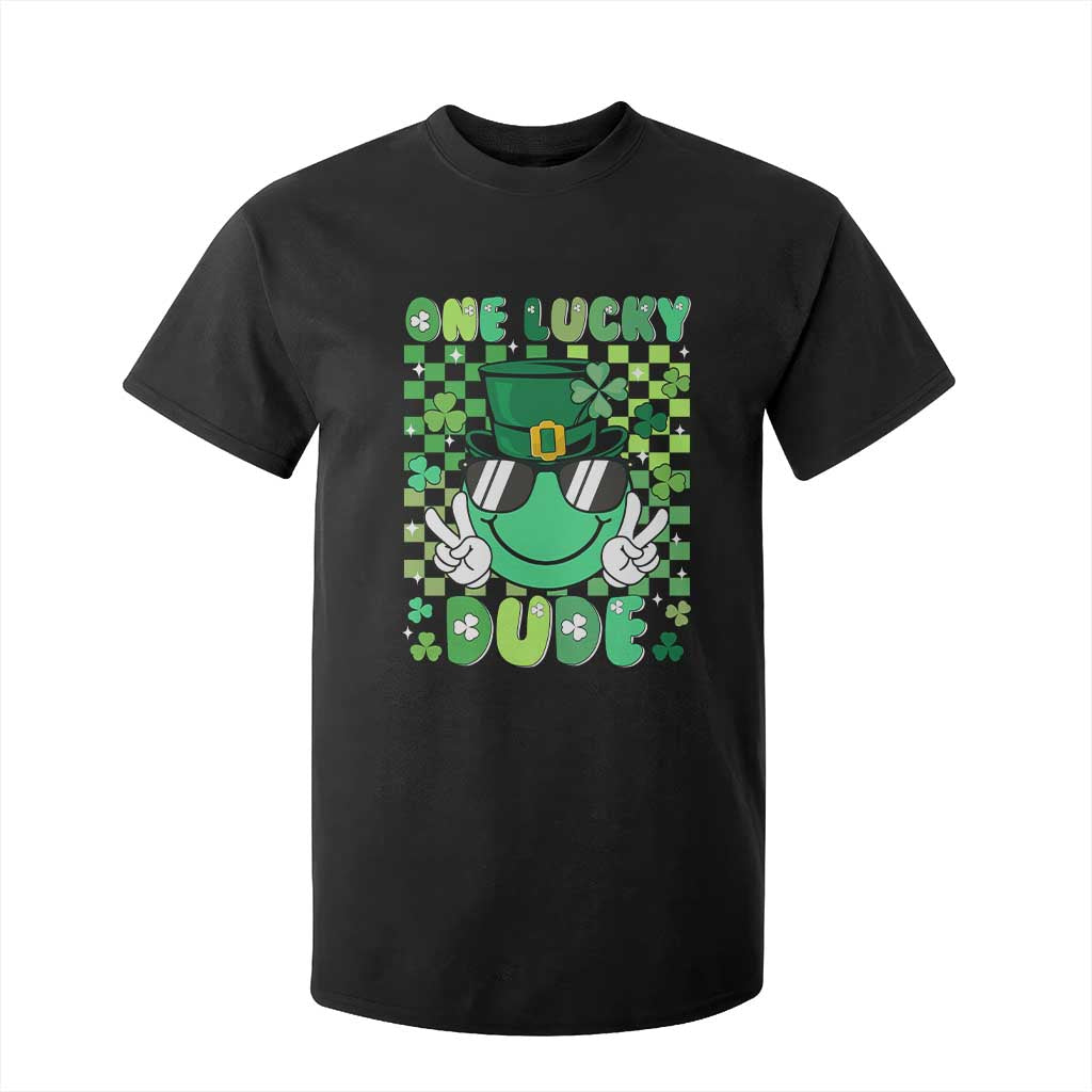 Retro St Patrick's Day T Shirt For Kid One Lucky Dude Green Checkered Heart Groovy TS02 Black Print Your Wear