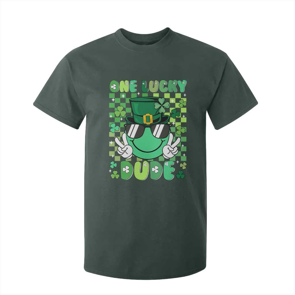 Retro St Patrick's Day T Shirt For Kid One Lucky Dude Green Checkered Heart Groovy TS02 Dark Forest Green Print Your Wear