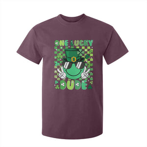 Retro St Patrick's Day T Shirt For Kid One Lucky Dude Green Checkered Heart Groovy TS02 Maroon Print Your Wear