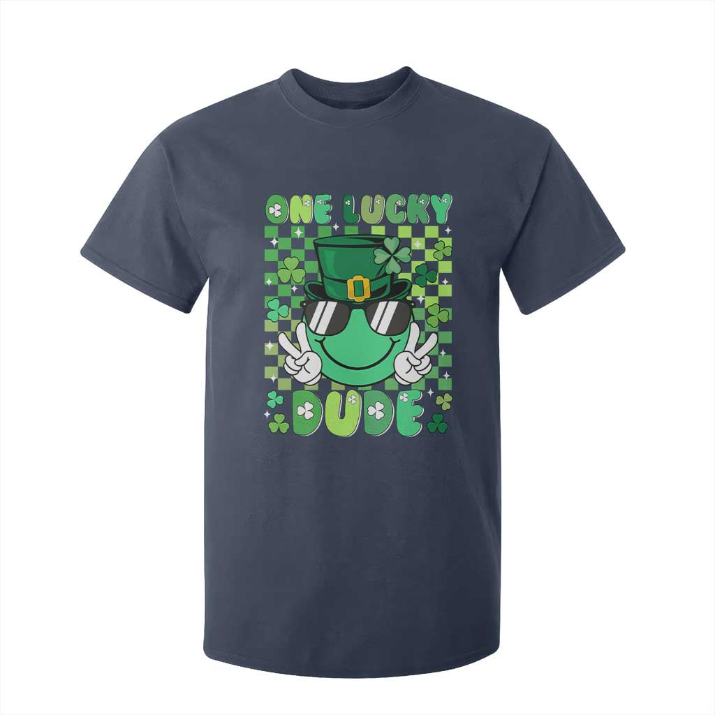 Retro St Patrick's Day T Shirt For Kid One Lucky Dude Green Checkered Heart Groovy TS02 Navy Print Your Wear