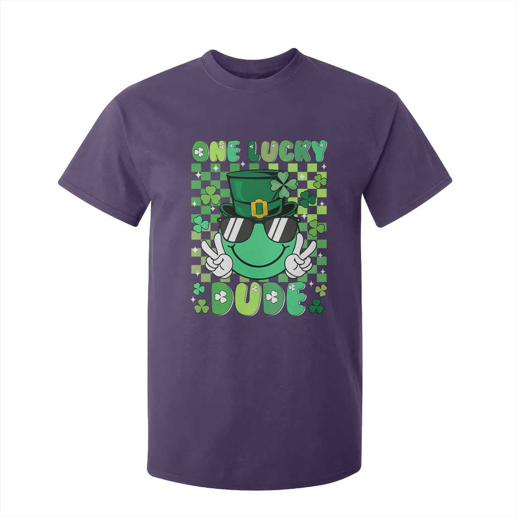 Retro St Patrick's Day T Shirt For Kid One Lucky Dude Green Checkered Heart Groovy TS02 Purple Print Your Wear