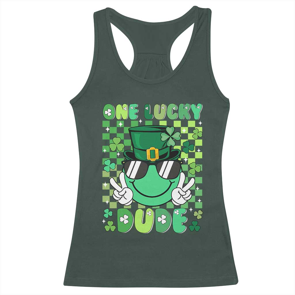 Retro St Patrick's Day Racerback Tank Top One Lucky Dude Green Checkered Heart Groovy TS02 Dark Forest Green Print Your Wear