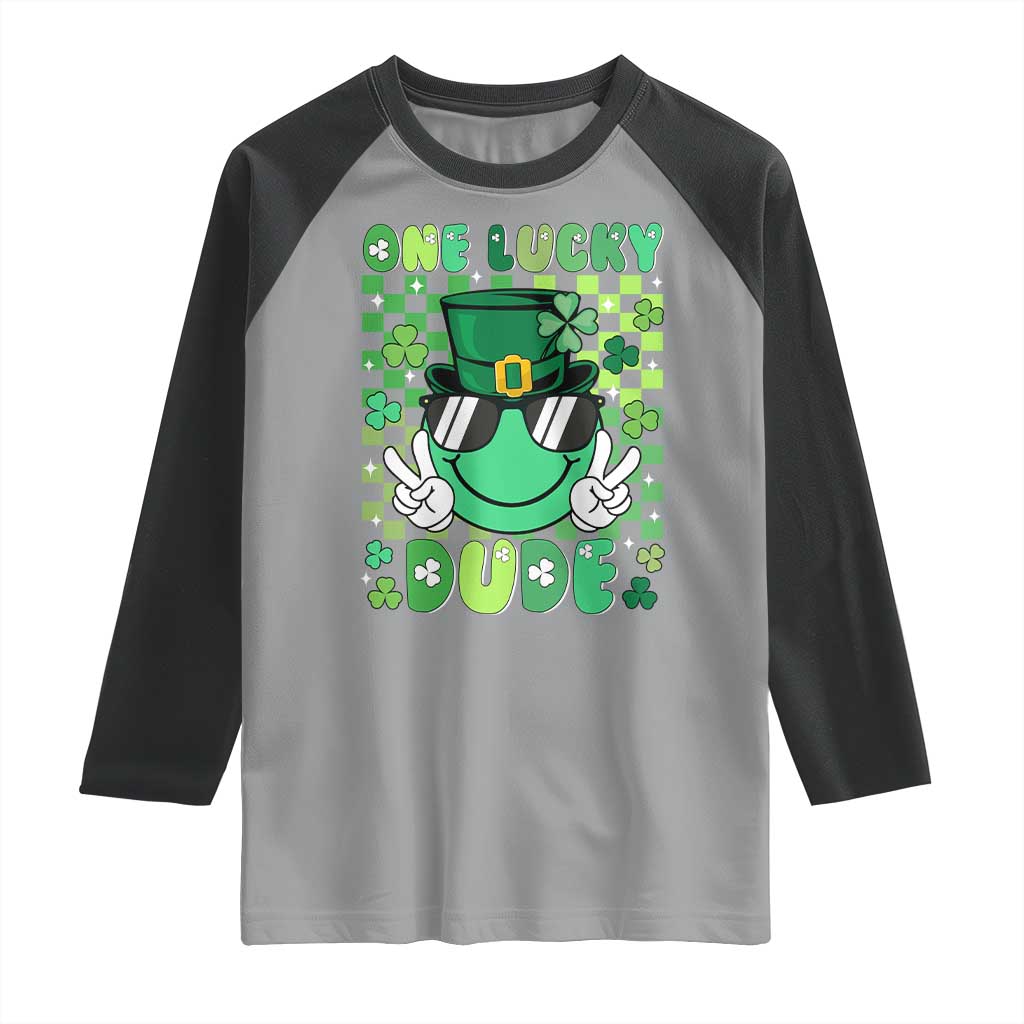 Retro St Patrick's Day Raglan Shirt One Lucky Dude Green Checkered Heart Groovy TS02 Sport Gray Black Print Your Wear