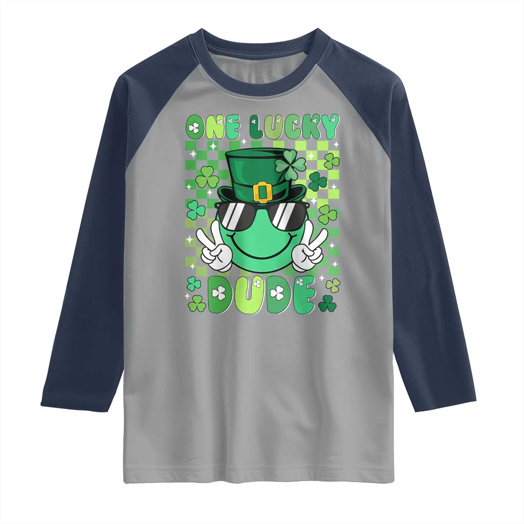 Retro St Patrick's Day Raglan Shirt One Lucky Dude Green Checkered Heart Groovy TS02 Sport Gray Navy Print Your Wear