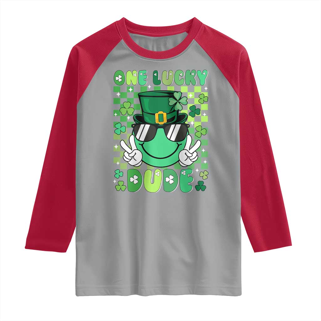 Retro St Patrick's Day Raglan Shirt One Lucky Dude Green Checkered Heart Groovy TS02 Sport Gray Red Print Your Wear
