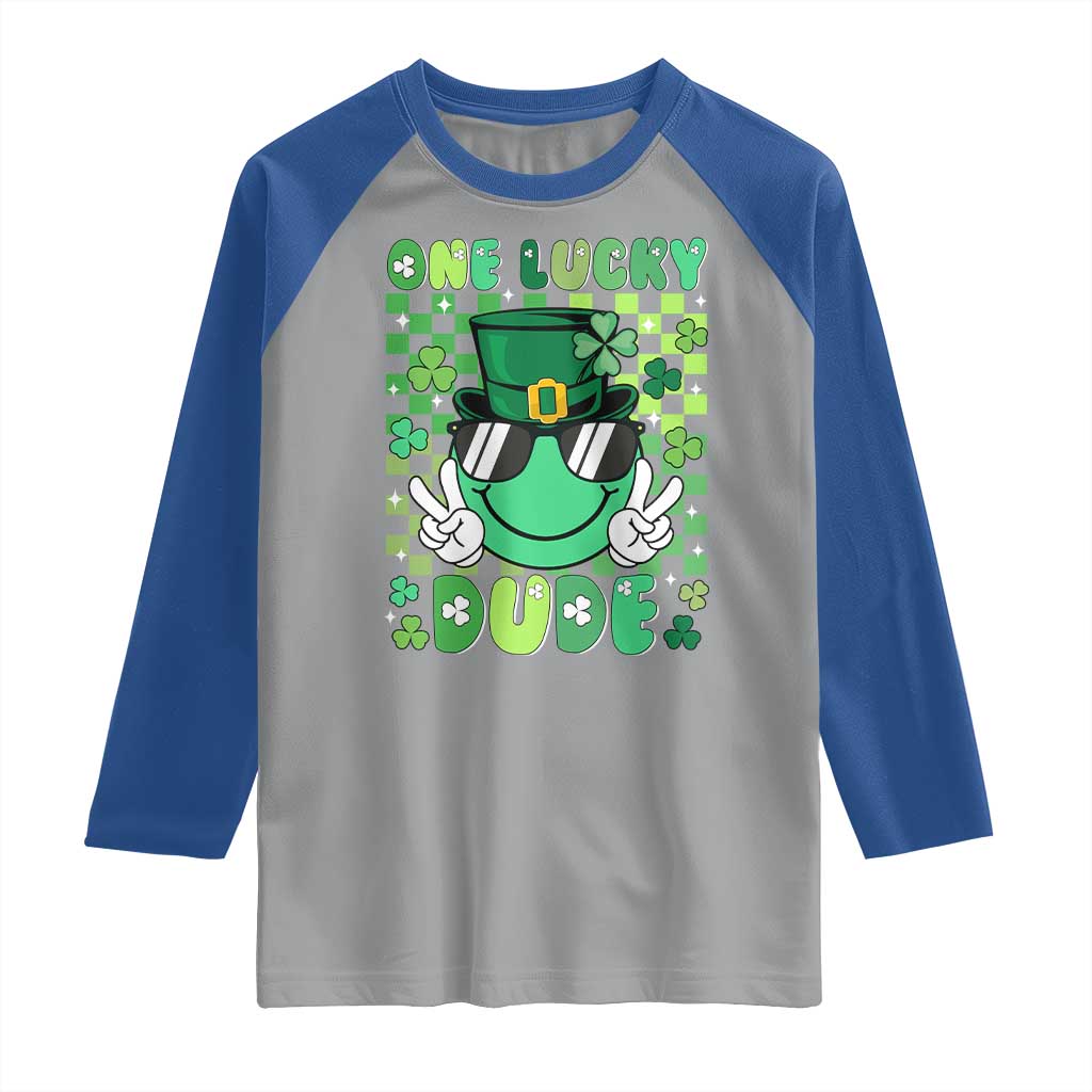 Retro St Patrick's Day Raglan Shirt One Lucky Dude Green Checkered Heart Groovy TS02 Sport Gray Royal Print Your Wear