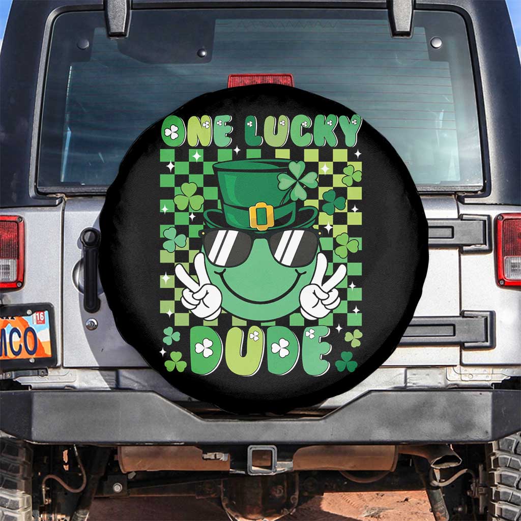 Retro St Patrick's Day Spare Tire Cover One Lucky Dude Green Checkered Heart Groovy TS02 No hole Black Print Your Wear
