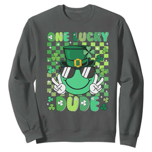 Retro St Patrick's Day Sweatshirt One Lucky Dude Green Checkered Heart Groovy TS02 Dark Heather Print Your Wear