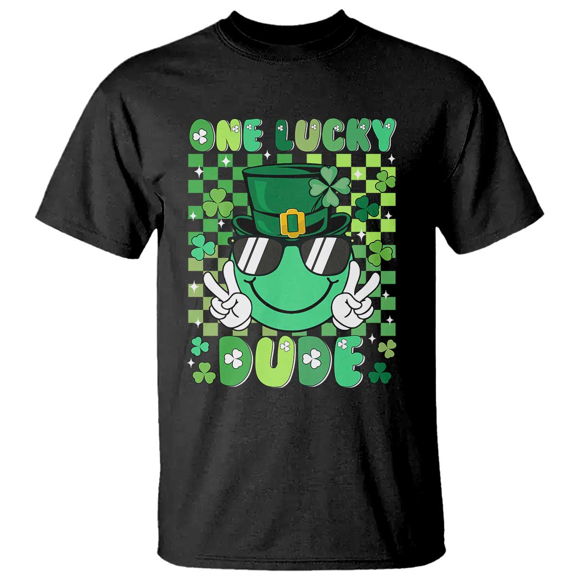 Retro St Patrick's Day T Shirt One Lucky Dude Green Checkered Heart Groovy TS02 Black Print Your Wear