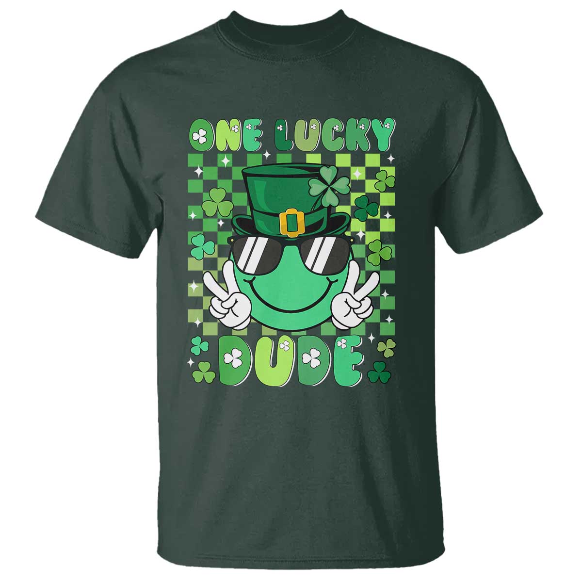 Retro St Patrick's Day T Shirt One Lucky Dude Green Checkered Heart Groovy TS02 Dark Forest Green Print Your Wear