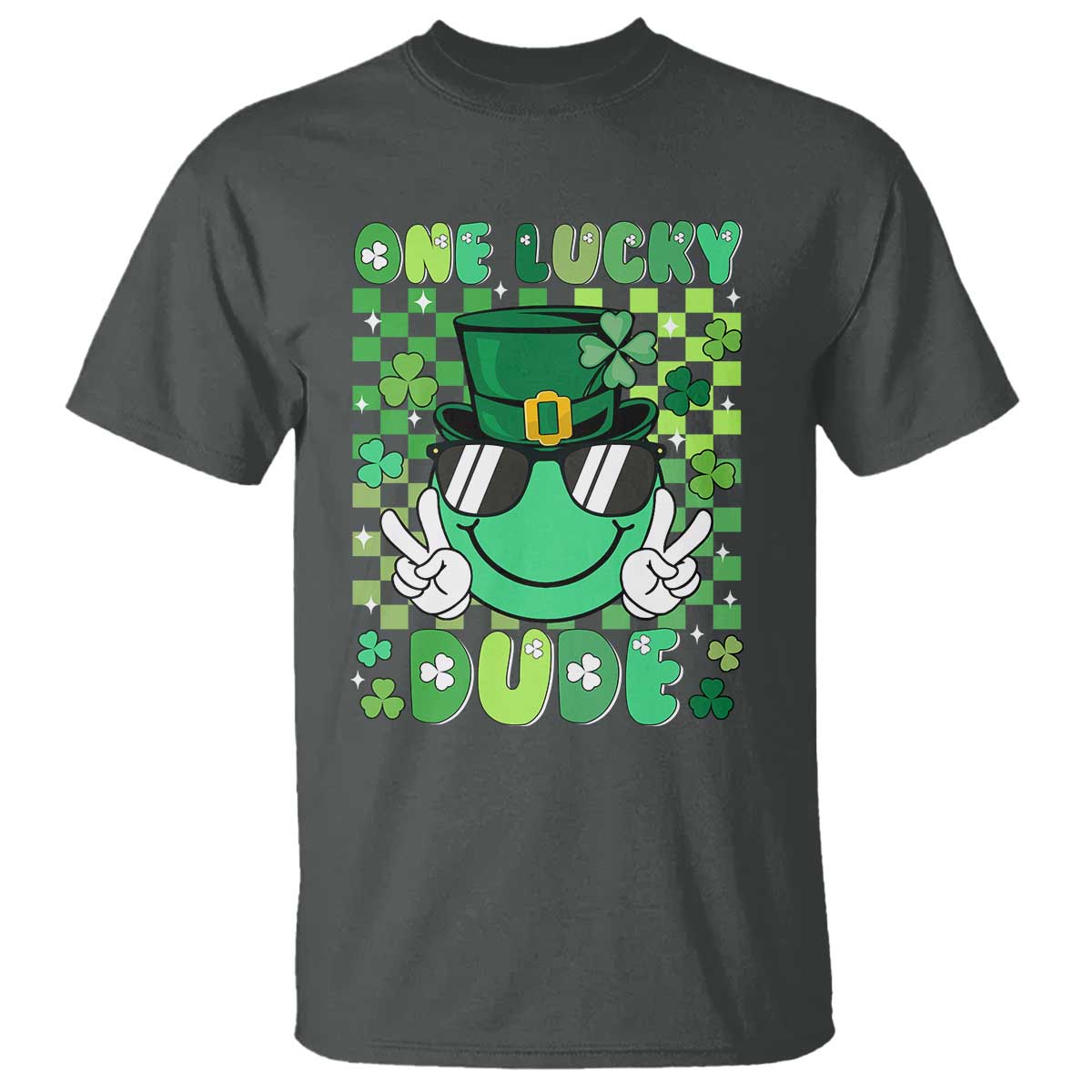 Retro St Patrick's Day T Shirt One Lucky Dude Green Checkered Heart Groovy TS02 Dark Heather Print Your Wear