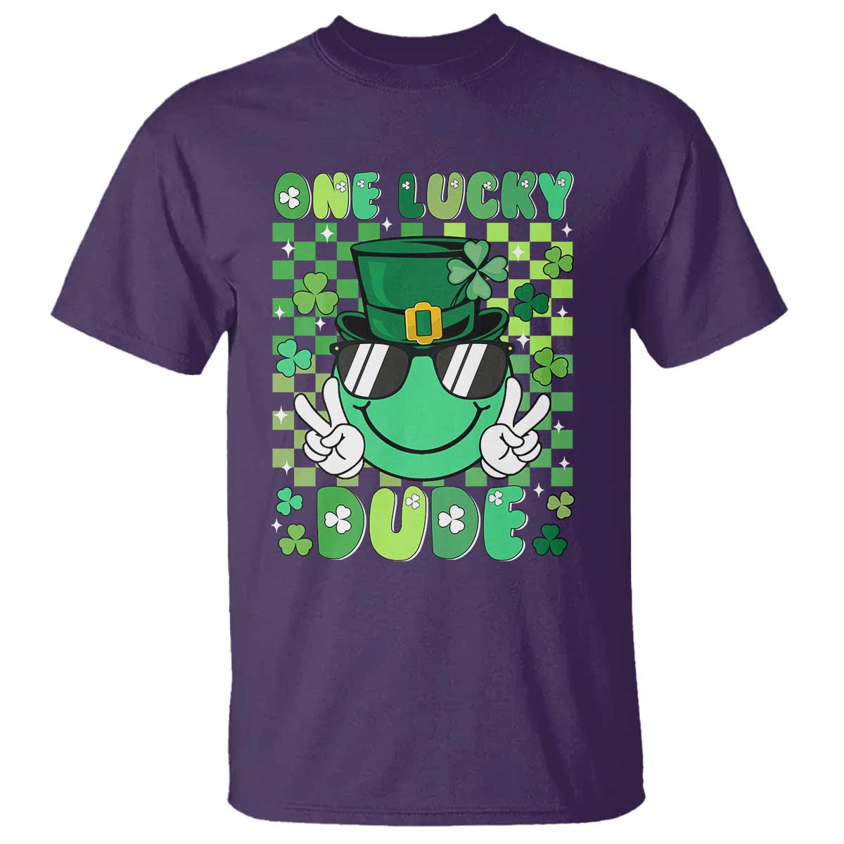 Retro St Patrick's Day T Shirt One Lucky Dude Green Checkered Heart Groovy TS02 Purple Print Your Wear