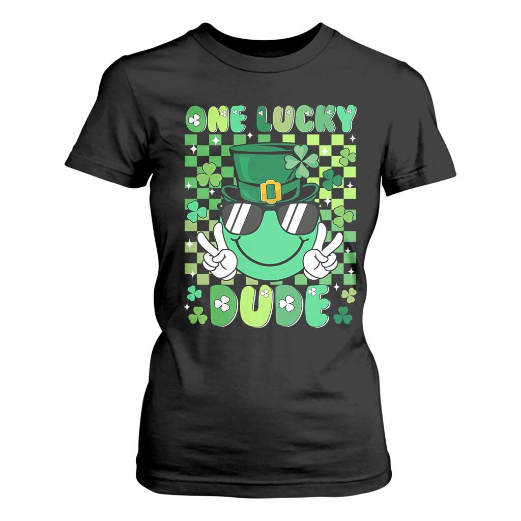 Retro St Patrick's Day T Shirt For Women One Lucky Dude Green Checkered Heart Groovy TS02 Black Print Your Wear