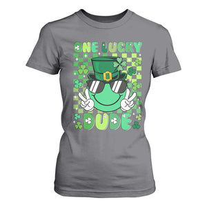 Retro St Patrick's Day T Shirt For Women One Lucky Dude Green Checkered Heart Groovy TS02 Charcoal Print Your Wear