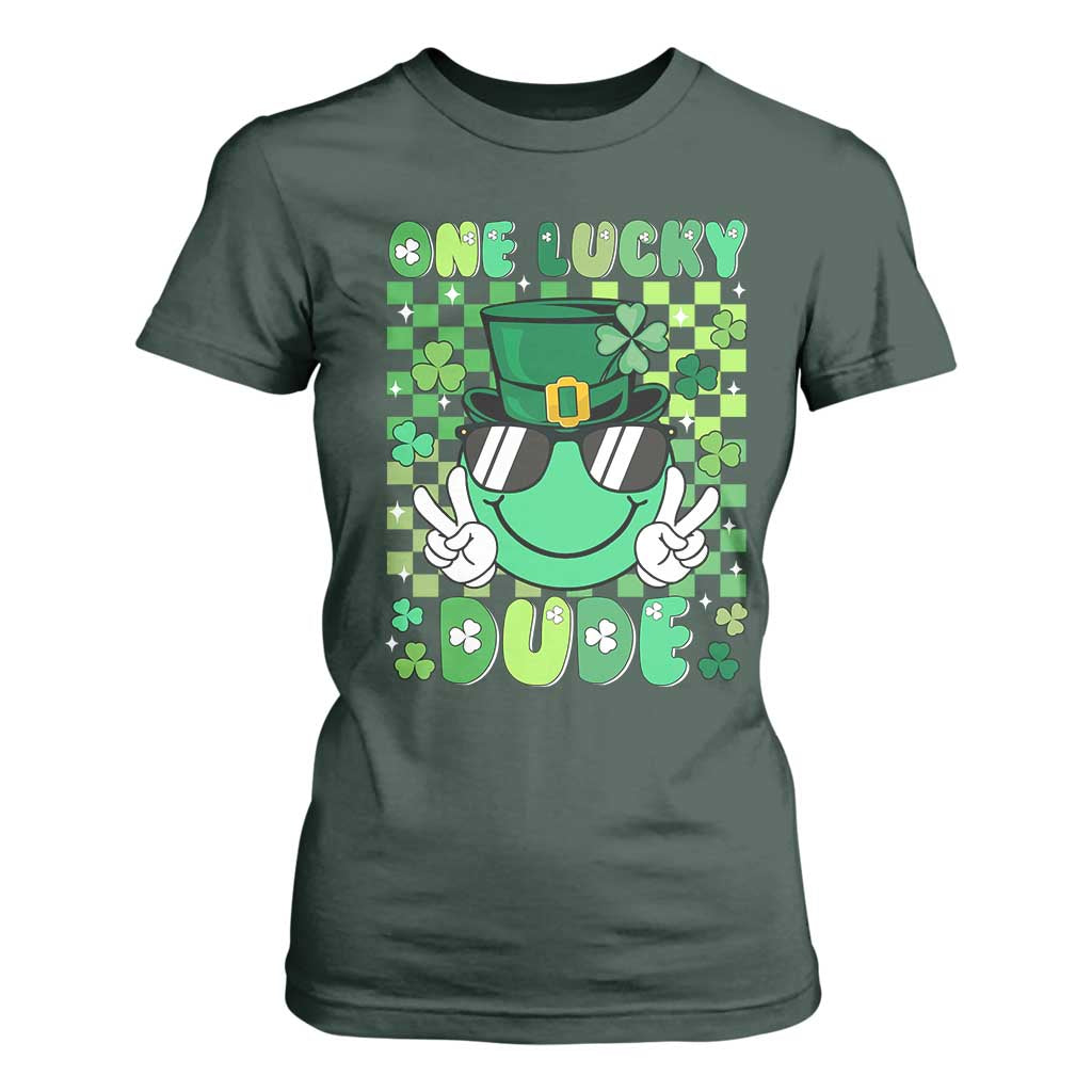 Retro St Patrick's Day T Shirt For Women One Lucky Dude Green Checkered Heart Groovy TS02 Dark Forest Green Print Your Wear