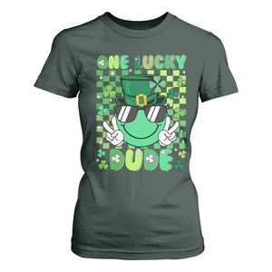 Retro St Patrick's Day T Shirt For Women One Lucky Dude Green Checkered Heart Groovy TS02 Dark Forest Green Print Your Wear