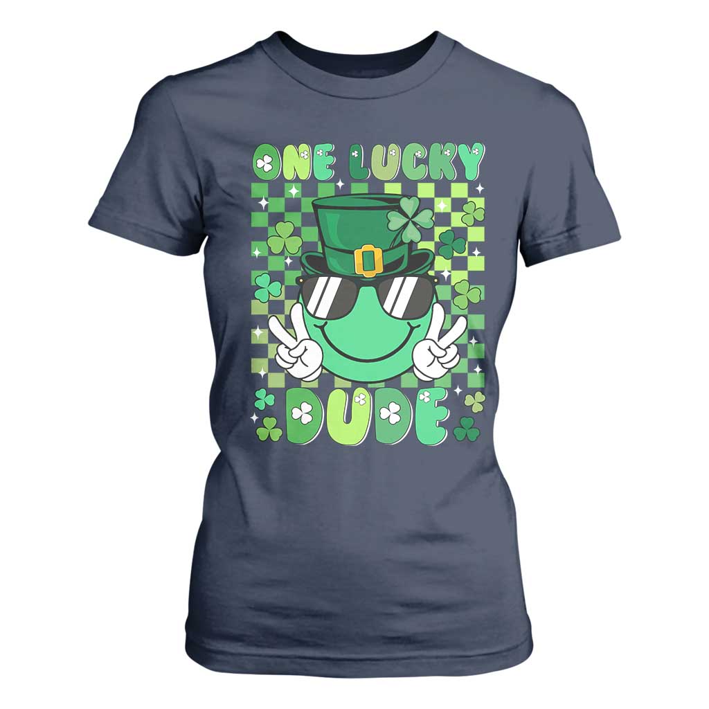Retro St Patrick's Day T Shirt For Women One Lucky Dude Green Checkered Heart Groovy TS02 Navy Print Your Wear
