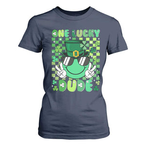 Retro St Patrick's Day T Shirt For Women One Lucky Dude Green Checkered Heart Groovy TS02 Navy Print Your Wear