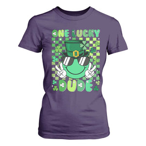 Retro St Patrick's Day T Shirt For Women One Lucky Dude Green Checkered Heart Groovy TS02 Purple Print Your Wear