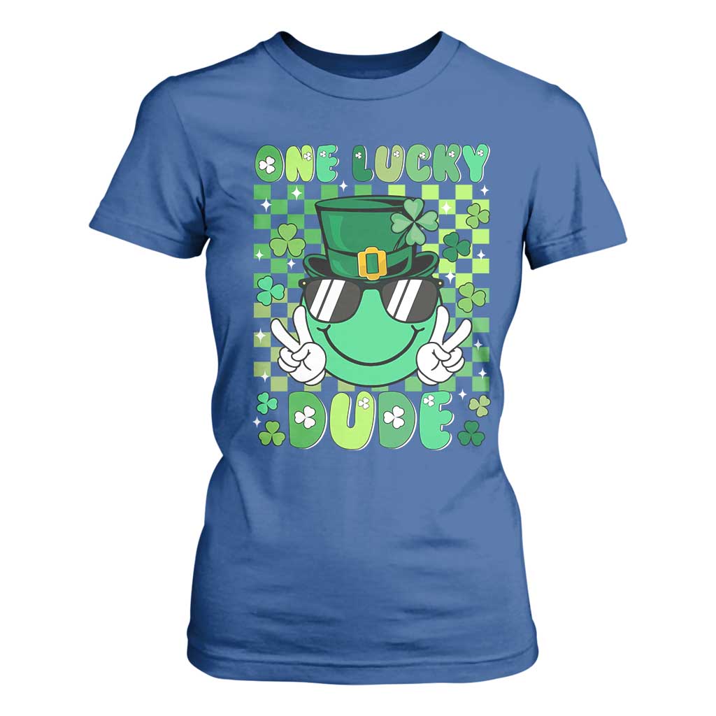 Retro St Patrick's Day T Shirt For Women One Lucky Dude Green Checkered Heart Groovy TS02 Royal Blue Print Your Wear