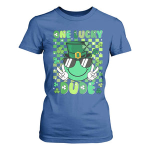 Retro St Patrick's Day T Shirt For Women One Lucky Dude Green Checkered Heart Groovy TS02 Royal Blue Print Your Wear