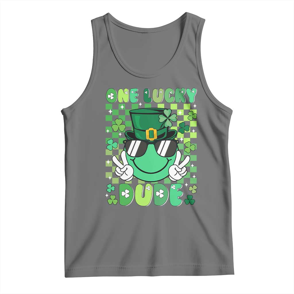 Retro St Patrick's Day Tank Top One Lucky Dude Green Checkered Heart Groovy TS02 Black Heather Print Your Wear