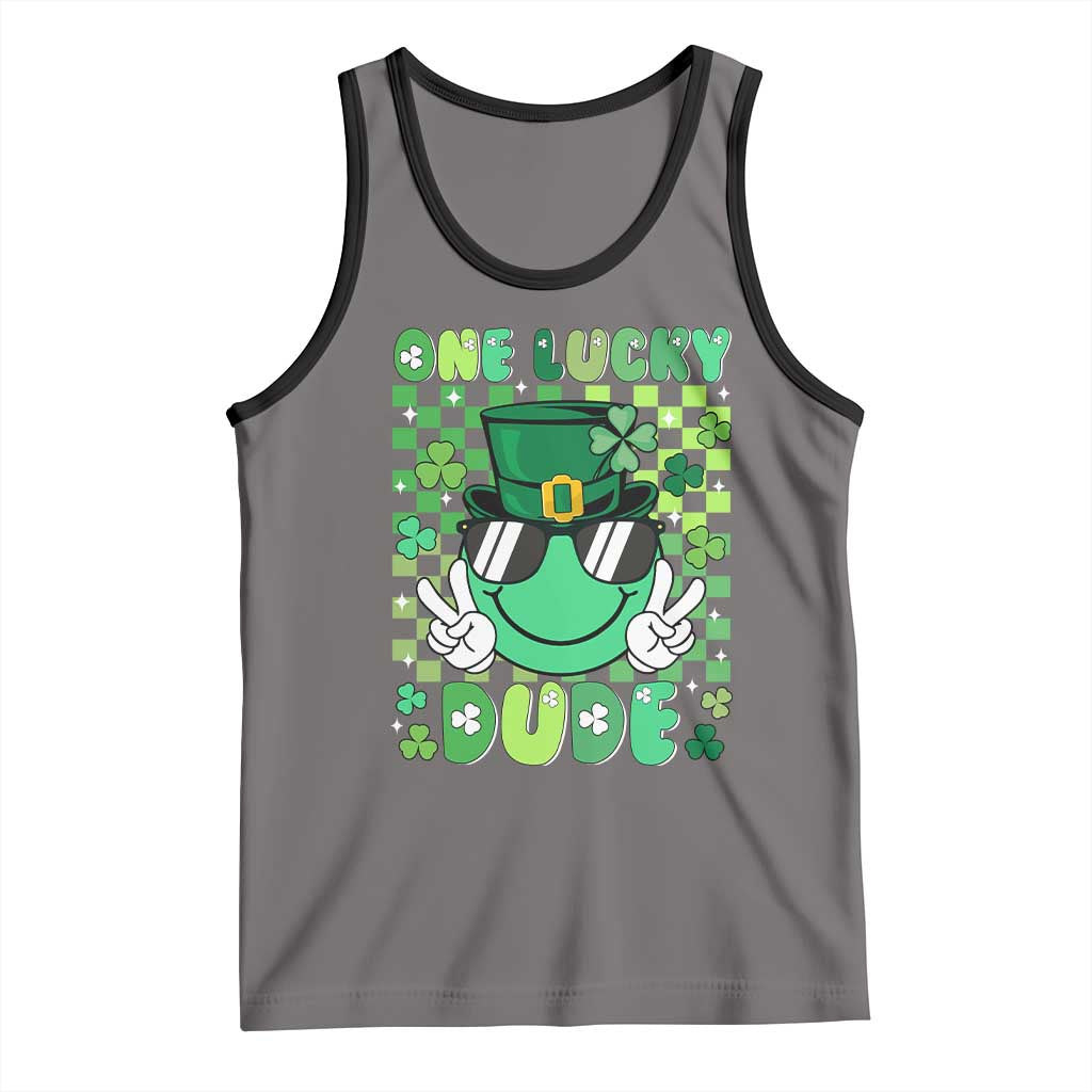 Retro St Patrick's Day Tank Top One Lucky Dude Green Checkered Heart Groovy TS02 Deep Heather Black Print Your Wear