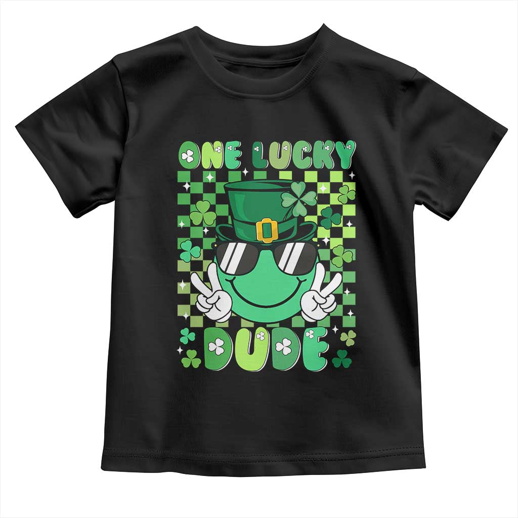 Retro St Patrick's Day Toddler T Shirt One Lucky Dude Green Checkered Heart Groovy TS02 Black Print Your Wear