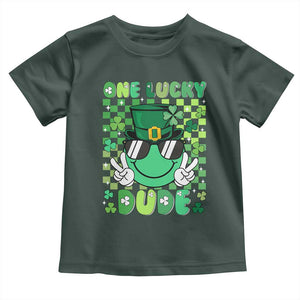 Retro St Patrick's Day Toddler T Shirt One Lucky Dude Green Checkered Heart Groovy TS02 Dark Forest Green Print Your Wear