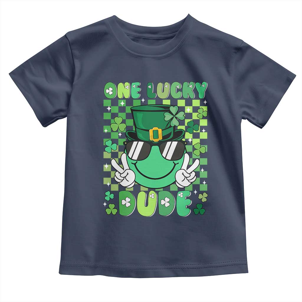 Retro St Patrick's Day Toddler T Shirt One Lucky Dude Green Checkered Heart Groovy TS02 Navy Print Your Wear